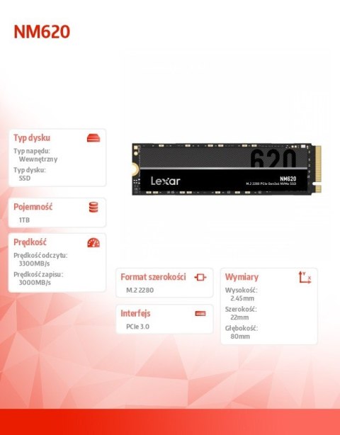 Dysk SSD NM620 1TB NVMe M.2 2280 3300/3000MB/s Lexar