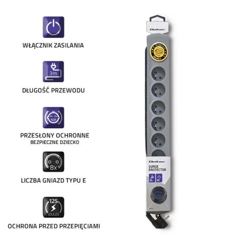 Listwa antyprzepięciowa | Quick Switch | 8 gniazd | 3m | szara Qoltec