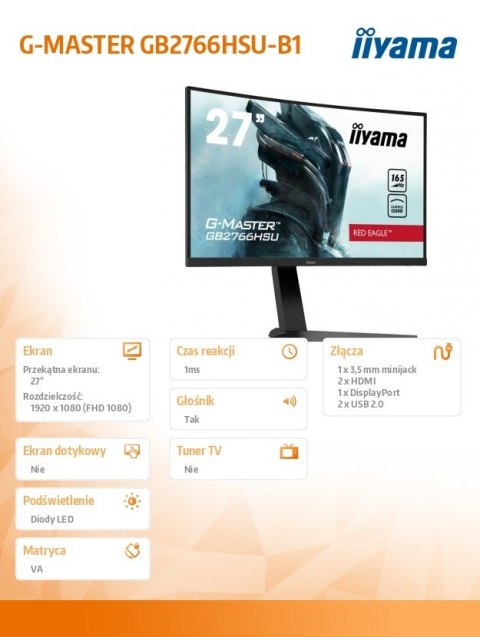 Monitor 27 cali GB2766HSU-B1 VA,165HZ,1500R,1MS,DP,HDMIx2,USB,FreeSyn IIYAMA