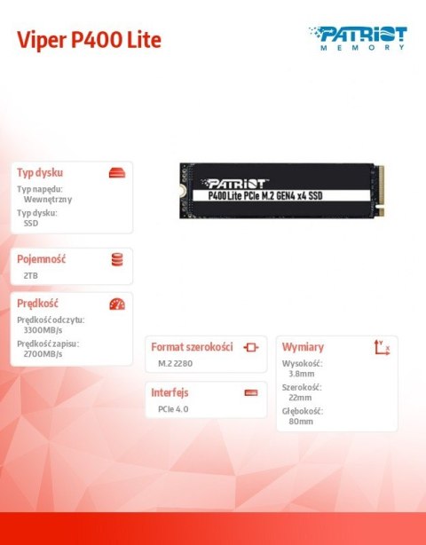 Dysk SSD 2TB Viper P400 Lite 3300/2700MB/s PCIe M.2 Gen 4x4 NVMe1.4 Patriot