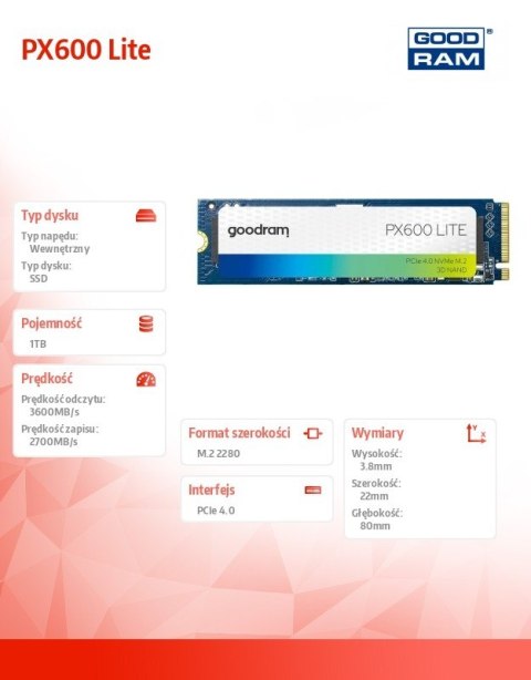 Dysk SSD PX600 Lite 1TB Gen4x4 NMVe 2280 3600/2700MB/s GOODRAM