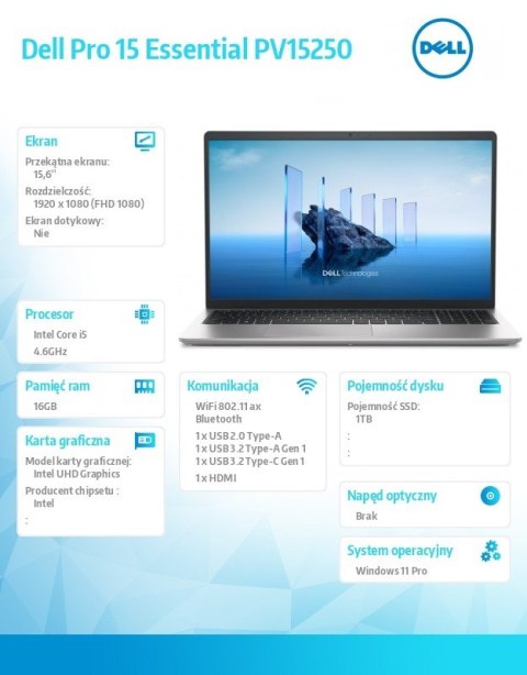 Laptop Dell Pro 15 Essential PV15250 W11P i5-1334U|16GB|1TB|IntelUHD|FgrPr|WLAN+BT|15.6 FHD|BcklKb|3C|65W|3YPS Platinum Silver ( Dell