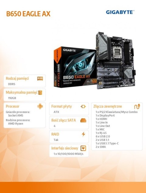 Płyta główna B650 EAGLE AX AM5 4DDR5 HDMI/DP ATX Gigabyte
