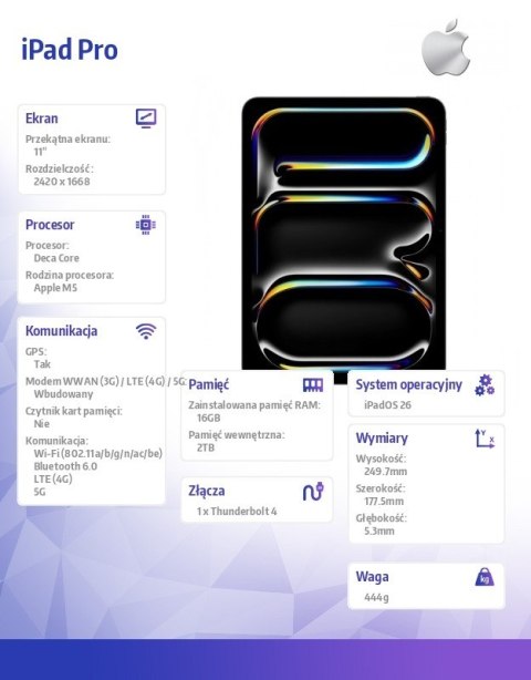 IPad Pro 11-calowy Wi-Fi + Cellular 2 TB ze szkłem standardowym - Gwiezdna czerń Apple