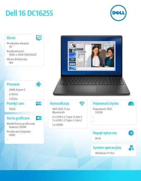 Laptop Dell 16 DC16255 W11P Ryzen 5 220|16GB|512GB|AMD Radeon|FgrPr|WLAN+BT|16.0 FHD+|Backlit Kb|3C|65W|3YPS Carbon Black (Plast Dell