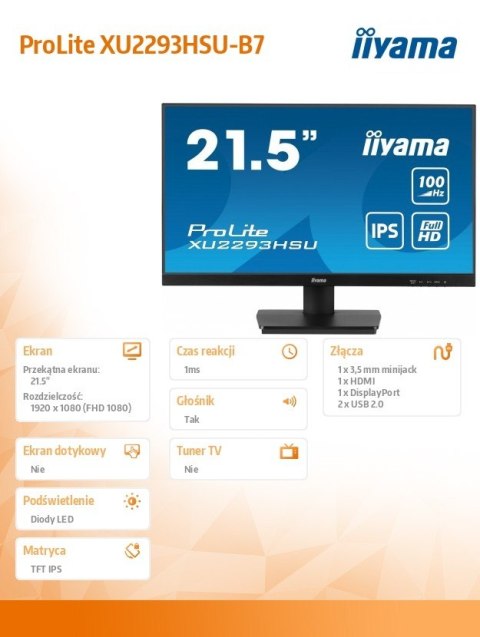 Monitor 22 cale XU2293HSU-B7,IPS,100Hz,FHD,HDMI,DP,300cd IIYAMA
