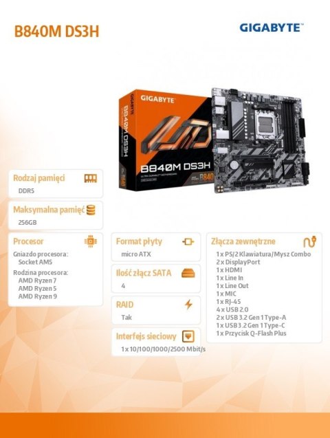 Płyta główna B840M DS3H AM5 4DDR5 HDMI/2DP mATX Gigabyte