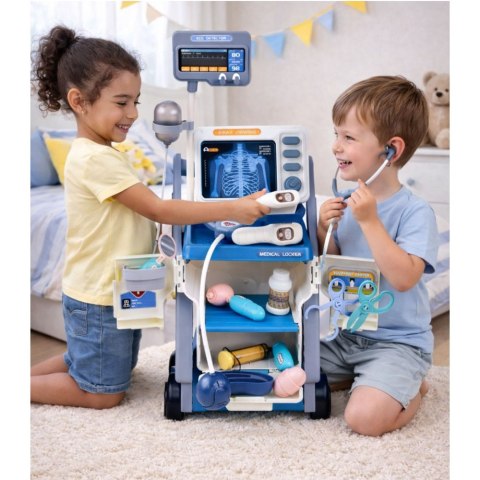 Zestaw Małego Doktora Wózek Medyczny RTG EKG Światła Niebieski 16 el. LEAN Toys