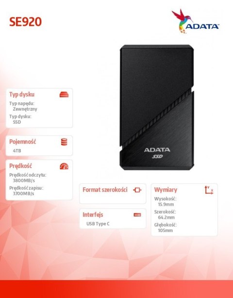 Zewnętrzny dysk SSD SE920 4TB USB4C 3800/3700 MB/s Black Adata