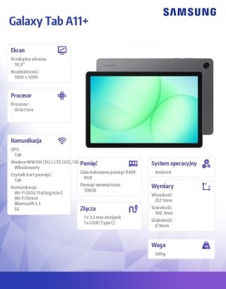 Tablet Galaxy Tab A11+ X236 10.9 cala 5G 6/128GB Szary Enterprise Edition Samsung