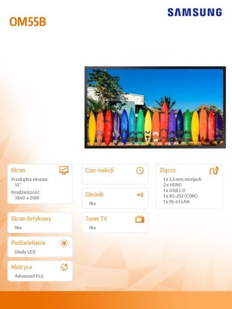 Monitor profesjonalny OM55B 55 cali Błyszczący 24h/7 3000(cd/m2) 3840x2160 (UHD) S7 Player (Tizen 5.0) Wi-Fi 3 lata On-Site (LH5 Samsung