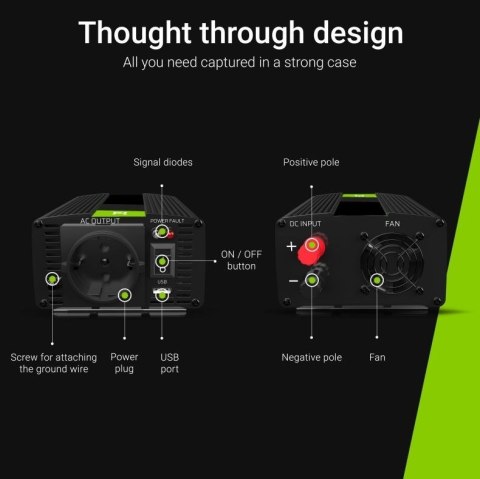 Przetwornica Napięcia Inwerter 12V na 230V 1000W/2000W Modyfikowana sinusoida Green Cell