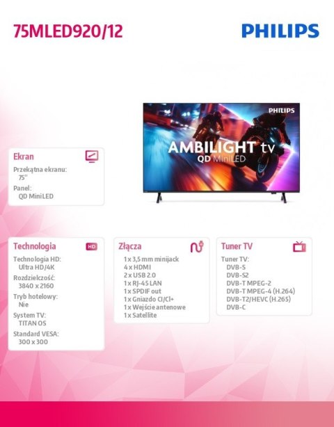 Telewizor QD MiniLED 75 cali 75MLED920/12 Philips
