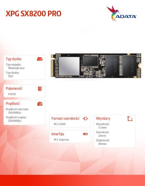 Dysk XPG SX8200 PRO 512GB PCIe 3.5/2.3 GB/s M.2 Adata