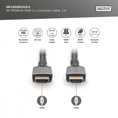 Kabel Premium połączeniowy HDMI 2.1 Ultra HighSpeed 8K60Hz UHD Typ HDMI A/A M/M 1m Czarny Digitus