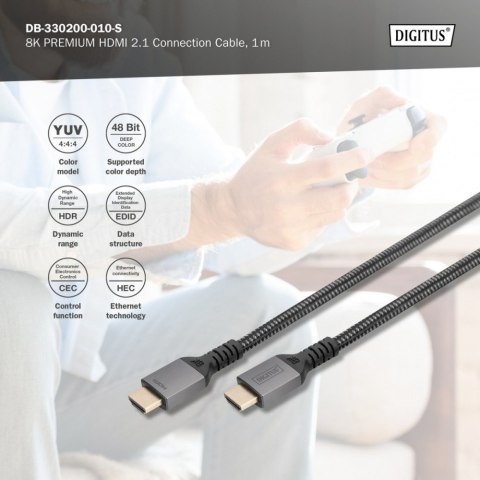 Kabel Premium połączeniowy HDMI 2.1 Ultra HighSpeed 8K60Hz UHD Typ HDMI A/A M/M 1m Czarny Digitus