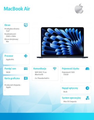 MacBookAir 13 cali /10C GPU/16GB /512GB Czarny Apple