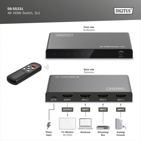 Przełącznik/Switch 4K HDMI 3x1, 60Hz HDCP 2.3, pilot, Czarny Digitus