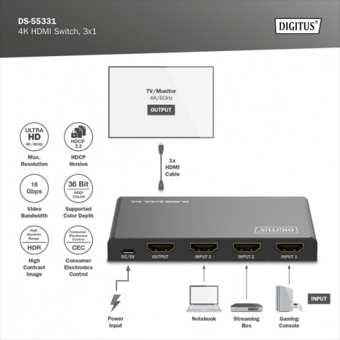 Przełącznik/Switch 4K HDMI 3x1, 60Hz HDCP 2.3, pilot, Czarny Digitus