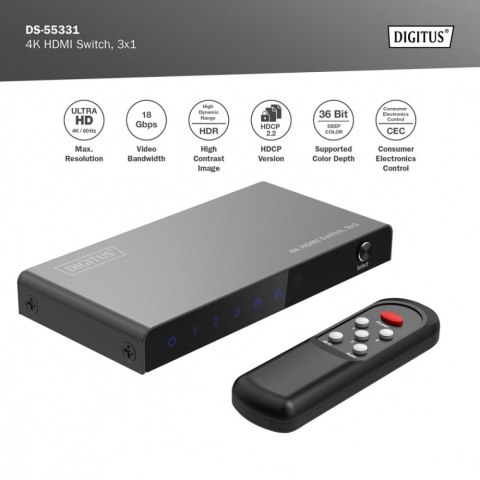 Przełącznik/Switch 4K HDMI 3x1, 60Hz HDCP 2.3, pilot, Czarny Digitus