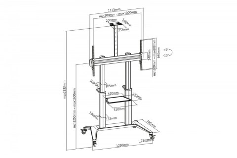 Stojak mobilny pojedynczy z półką i uchwytem na kamerę, 1xLCD max. 120" max. 140kg, VESA max. 1000x600 Digitus