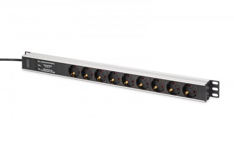 Listwa zasilająca PDU Rack (620mm) z zabezpieczeniem przeciwprzepięciowym + filtr EMI/RFI, 9 gniazd Schuko CEE 7/3 (45°), kabel  Digitus