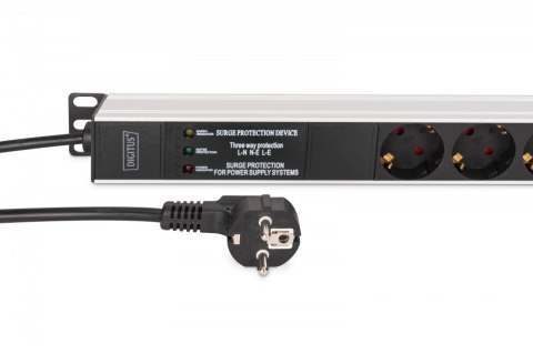 Listwa zasilająca PDU Rack (620mm) z zabezpieczeniem przeciwprzepięciowym + filtr EMI/RFI, 9 gniazd Schuko CEE 7/3 (45°), kabel  Digitus