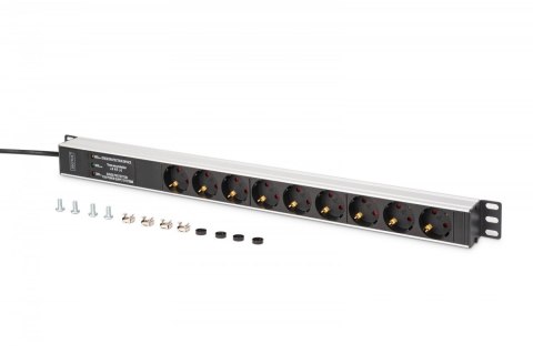 Listwa zasilająca PDU Rack (620mm) z zabezpieczeniem przeciwprzepięciowym + filtr EMI/RFI, 9 gniazd Schuko CEE 7/3 (45°), kabel  Digitus