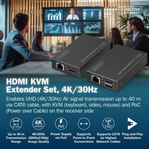Przedłużacz (extender) po skrętce kat.6 HDMI 4K/30Hz z KVM USB 1.1 do 40m/70m, max. 253 odbiorniki, sterowanie IR - zestaw (odbi Digitus