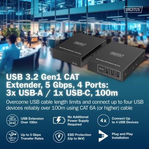 Przedłużacz (extender) po skrętce kat.6A USB 3.1 Gen1 do 100m, 3x USB-A, 1x USB-C do 5 Gbps, 1x RJ45 (Gigabit Ethernet) - zesta Digitus