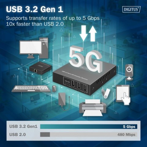 Przedłużacz (extender) po skrętce kat.6A USB 3.1 Gen1 do 100m, 3x USB-A, 1x USB-C do 5 Gbps, 1x RJ45 (Gigabit Ethernet) - zesta Digitus