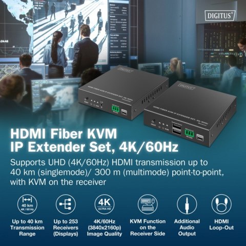 Przedłużacz (extender) światłowodowy HDMI 4K/60Hz z KVM USB 1.1 przez IP 1G lub do 40km/300m, max. 253 odbiorniki, HDMI Loop-Out Digitus