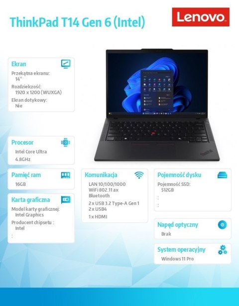 Ultrabook ThinkPad T14 G6 21QC002YPB W11Pro Ultra 5 225U/16GB/512GB/INT/14.0 WUXGA/Black/3YRS Premier Support + CO2 Offset Lenovo