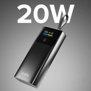 Powerbank z wyświetlaczem 10000mAh PD 20W LCD kablem USB-C - szary SBS