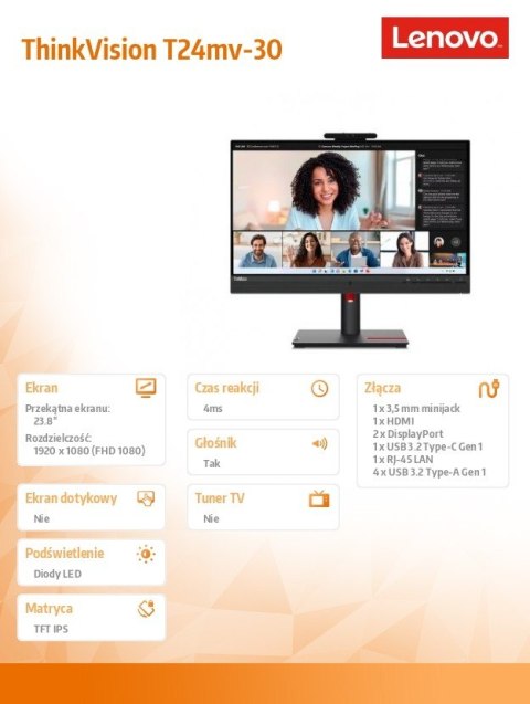 Monitor 23.8 cala ThinkVision T24mv-30 FHD 63D7UAT3EU Lenovo