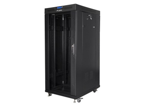 Szafa instalacyjna RACK stojąca 19 22U 800X800 czarne drzwi szklane LCD (FLAT PACK) Lanberg
