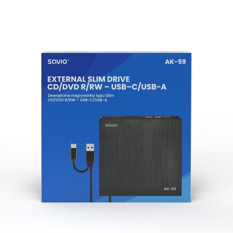 Zewnętrzna nagrywarka typu Slim CD/DVD R/RW, USB-C/USB-A, AK-59 Savio