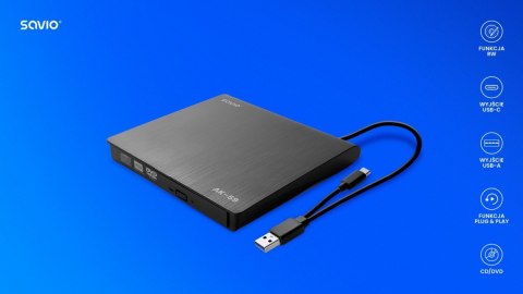 Zewnętrzna nagrywarka typu Slim CD/DVD R/RW, USB-C/USB-A, AK-59 Savio