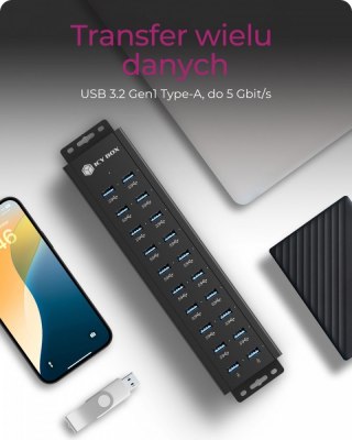 Hub IB-HUB1720-U3 20 port HUB, 96 WATT PSU, 18 x USB-A Port,2 x USB port do ładowania IcyBox