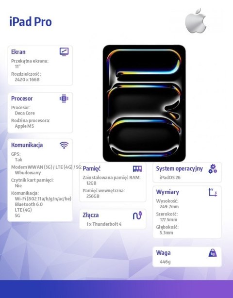 IPad Pro 11-calowy Wi-Fi + Cellular 256 GB ze standardowym szkłem - Srebrny Apple