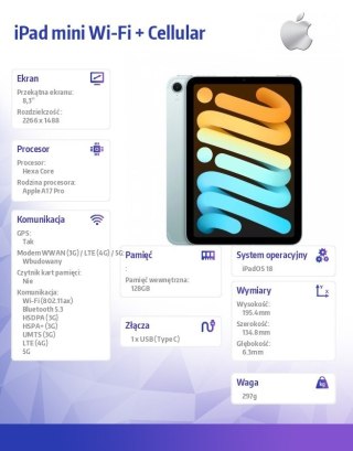 IPad mini Wi-Fi + Cellular 128GB Niebieski Apple
