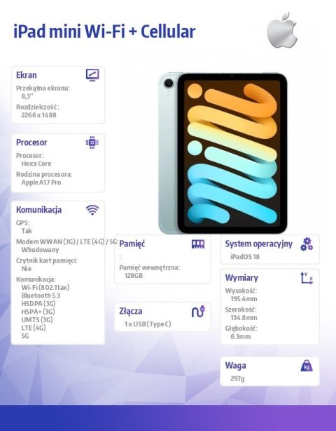IPad mini Wi-Fi + Cellular 128GB Niebieski Apple