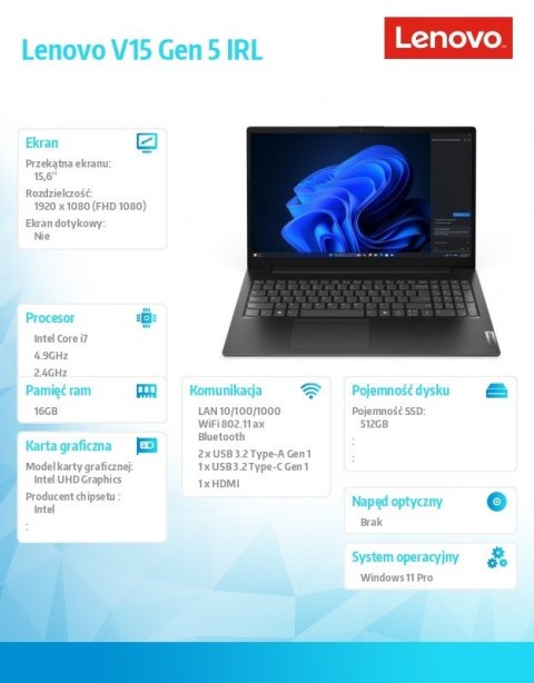 Laptop V15 G5 83GW009DPB W11Pro i7-13620H/16GB/512GB/INT/15.6 FHD/Business Black/3YR OS Lenovo