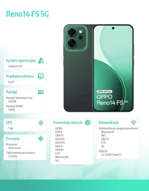 Smartfon Reno14 FS 5G 12/ 512GB Zielony CPH2743 Oppo