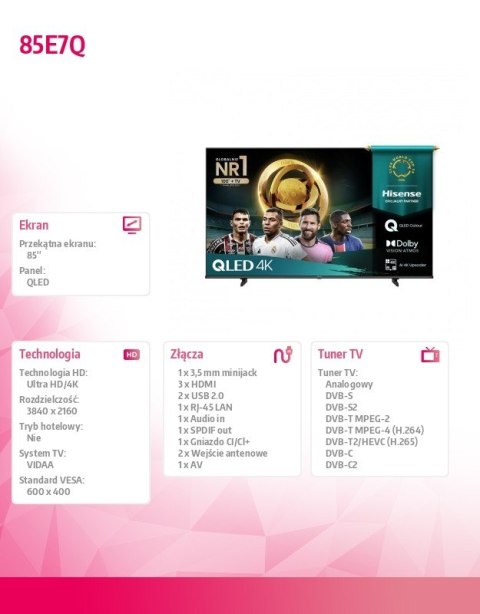 Telewizor QLED 85 cali 85E7Q Hisense