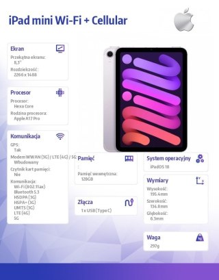 IPad mini Wi-Fi + Cellular 128GB Fioletowy Apple