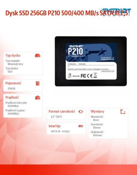 Dysk SSD 256GB P210 500/400 MB/s SATA III 2,5 Patriot