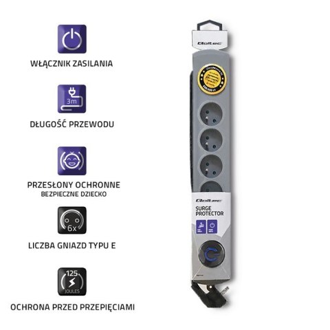 Listwa antyprzepięciowa Quick Switch, 6 gniazd, 3m, szara Qoltec