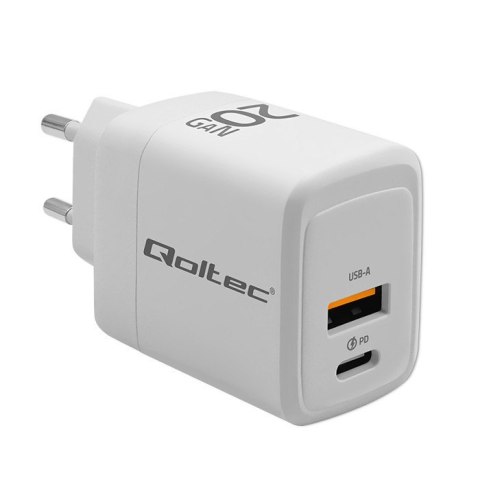 Ładowarka sieciowa 20W GaN | 5-20V | 1.5-3A | 1xUSB-C PD | 1xUSB QC 3.0 | Biała Qoltec