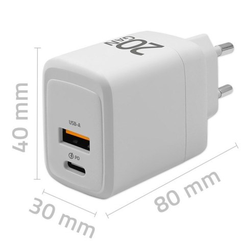 Ładowarka sieciowa 20W GaN | 5-20V | 1.5-3A | 1xUSB-C PD | 1xUSB QC 3.0 | Biała Qoltec